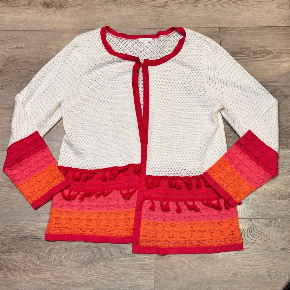 Cabana Cay Womens XLarge Open‎ Front Pointelle Knit Cardigan Red Orange Tassels